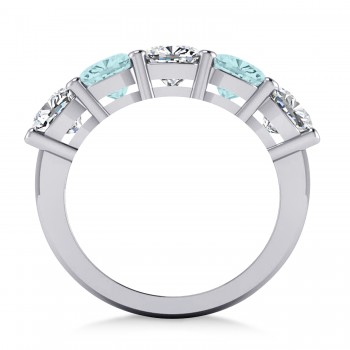 Cushion Diamond & Aquamarine Five Stone Ring 14k White Gold (4.05ct)
