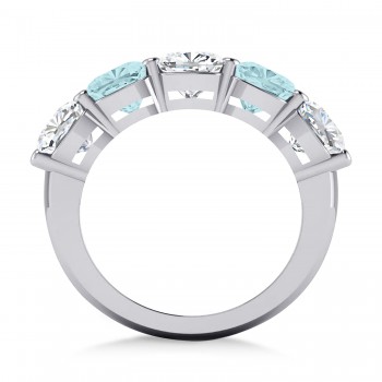Cushion Diamond & Aquamarine Five Stone Ring 14k White Gold (5.20ct)
