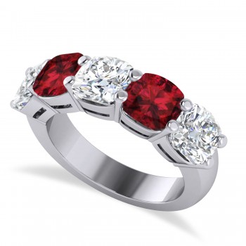 Cushion Diamond & Garnet Five Stone Ring 14k White Gold (5.20ct)