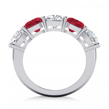 Cushion Diamond & Ruby Five Stone Ring 14k White Gold (5.20ct)
