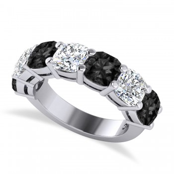 Cushion Black & Lab White Diamond Seven Stone Ring 14k White Gold (5.25ct)
