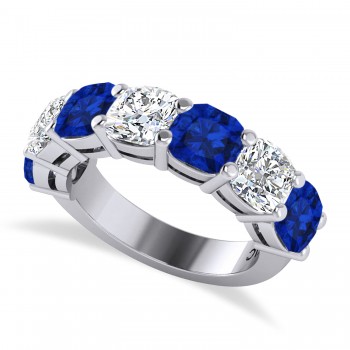 Cushion Lab Grown Diamond & Lab Blue Sapphire Seven Stone Ring 14k White Gold (5.85ct)