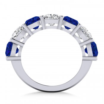 Cushion Lab Grown Diamond & Lab Blue Sapphire Seven Stone Ring 14k White Gold (5.85ct)
