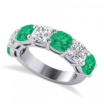 Cushion Lab Grown Diamond & Lab Emerald Seven Stone Ring 14k White Gold (5.85ct)