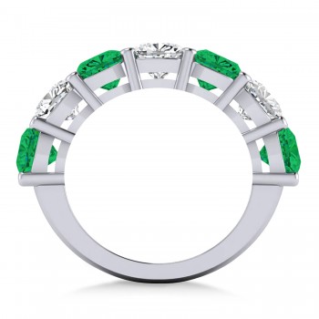 Cushion Lab Grown Diamond & Lab Emerald Seven Stone Ring 14k White Gold (5.85ct)