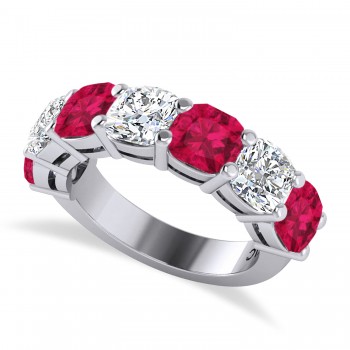 Cushion Lab Grown Diamond & Lab Ruby Seven Stone Ring 14k White Gold (5.85ct)