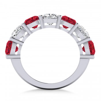 Cushion Lab Grown Diamond & Lab Ruby Seven Stone Ring 14k White Gold (5.85ct)