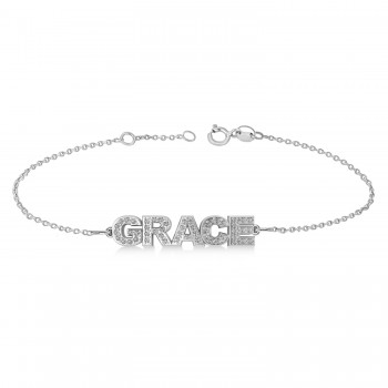 Diamond Block Font Name Link Bracelet 14K White Gold