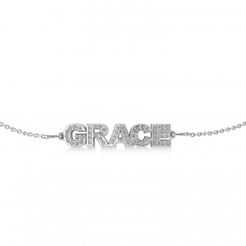 Diamond Block Font Name Link Bracelet 14K White Gold