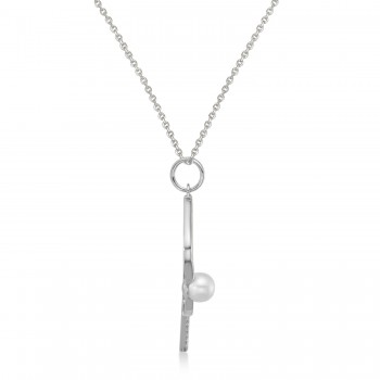 Cultured Pearl Ball & Pickleball Paddle Pendant Necklace 14K White Gold