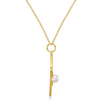 Cultured Pearl Ball & Pickleball Paddle Pendant Necklace 14K Yellow Gold