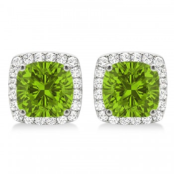 Cushion Cut Peridot & Diamond Halo Earrings 14k White Gold (1.50ct)