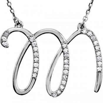 Personalized Diamond Cursive Initial Pendant Necklace 14k White Gold LETTER M