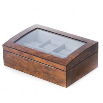 Brown Burl Wood 8 Watch Case w/ Glass Top & Stainless Accents