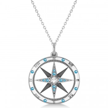 Compass Pendant Blue Topaz & Diamond Accented 14k White Gold (0.19ct)