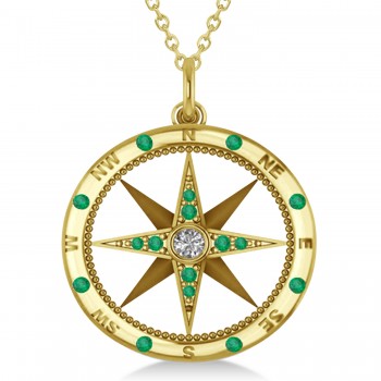 Compass Pendant For Men Emerald & Diamond Accented 14k Yellow Gold (0.38ct)