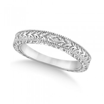 Antique Engraved Wedding Band w/ Filigree & Milgrain 14k White Gold Size 4.75
