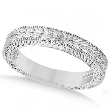 Vintage Carved Filigree Leaf Design Wedding Band in 14k White Gold | SIZE 4.25