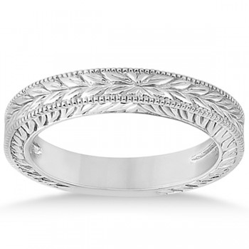 Vintage Carved Filigree Leaf Design Wedding Band in Palladium Size 6.5