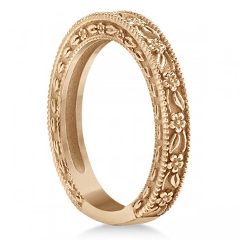 Carved Floral Designed Wedding Band Anniversary Ring in 14K Rose Gold