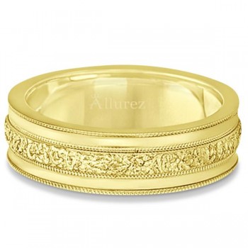 Carved Men's Wedding Ring Diamond Cut Band 14k Yellow Gold (7 mm) Size 8.5