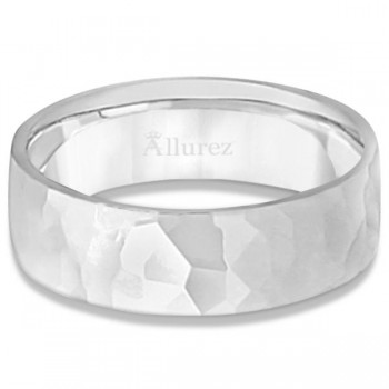 Men's Hammered Finished Carved Band Wedding Ring 14k White Gold (7mm)
