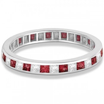 Princess-Cut Garnet & Diamond Eternity Ring 14k White Gold (1.26ct) Size 5