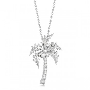 Diamond Palm Tree Pendant Necklace 14K White Gold (0.37ct)