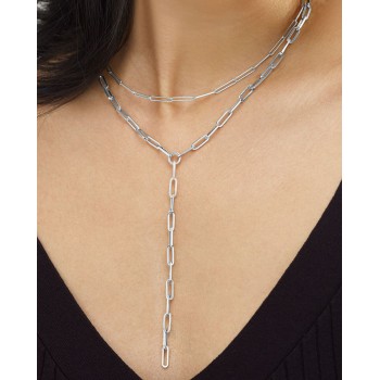 Lariat Paperclip Link Y-Shaped Chain Necklace 14k White Gold