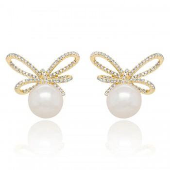 Diamond & Cultured Pearl Bow Stud Earrings 14K Yellow Gold (0.47ct)