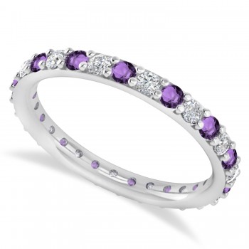 Diamond & Amethyst Eternity Wedding Band 14k White Gold (0.87ct) SIZE 8