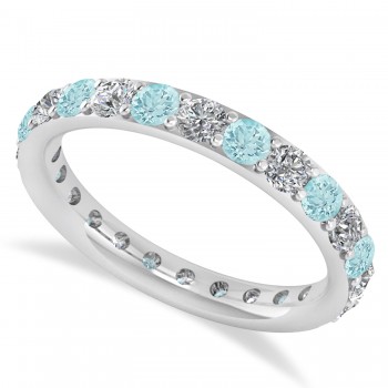 Diamond & Aquamarine Eternity Wedding Band 14k White Gold (1.50ct)