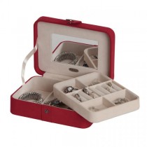 Red Fabric Jewelry Box with Lift Out Tray, Ring Rolls, Home/Travel