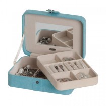 Aqua Fabric Jewelry Box with Lift Out Tray, Ring Rolls, Home/Travel