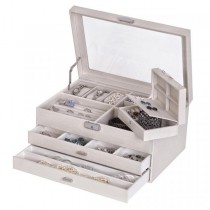 Locking Jewelry Chest w/ Travel Case White Faux Leather, Glass Top