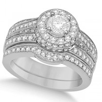 Halo Diamond Engagement Ring & Band Bridal Set 14K White Gold 1.27ct