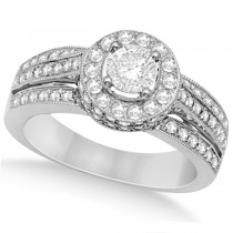 Halo Diamond Engagement Ring & Band Bridal Set 14K White Gold 1.27ct