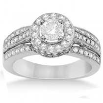 Halo Diamond Engagement Ring & Band Bridal Set 14K White Gold 1.27ct