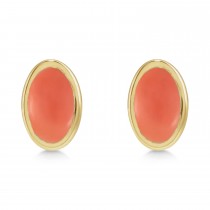 Oval Natural Cabochon Pink Coral Stud Earrings 14K Yellow Gold (0.23ct)