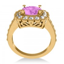 Pink Sapphire & Diamond Cushion Halo Engagement Ring 14k Yellow Gold (3.50ct)