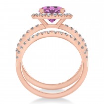 Pink Sapphire & Diamond Round-Cut Halo Bridal Set 14K Rose Gold (3.07ct)