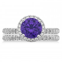 Tanzanite & Diamond Round-Cut Halo Bridal Set 18K White Gold (3.07ct)