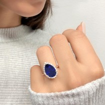 Pear Cut Halo Lab Blue Sapphire & Diamond Engagement Ring 14K Rose Gold 8.34ct