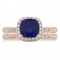 Lab Blue Sapphire & Lab Grown Diamonds Cushion-Cut Halo Bridal Set 14K Rose Gold (3.38ct)
