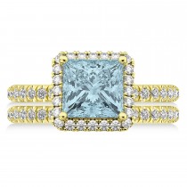 Aquamarine & Diamonds Princess-Cut Halo Bridal Set 14K Yellow Gold (3.74ct)