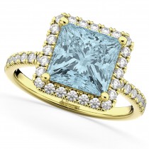 Aquamarine & Diamonds Princess-Cut Halo Bridal Set 14K Yellow Gold (3.74ct)