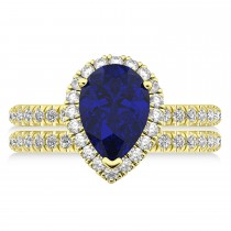 Lab Blue Sapphire & Lab Grown Diamonds Pear-Cut Halo Bridal Set 14K Yellow Gold (3.28ct)