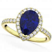 Pear Cut Halo Lab Blue Sapphire & Lab Diamond Engagement Ring 14K Yellow Gold 3.01ct