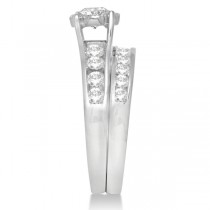 Diamond Halo Engagement Ring & Channel Set Band 14K White Gold 1.52ct