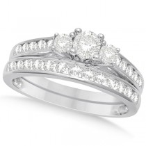 3 Stone Diamond Engagement Ring & Band Bridal Set 14K White Gold 1.00ct